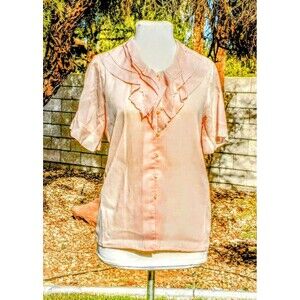 VTG 1980's Light Pink Ruffle Accent Sheer BreezyButton-Down Tokyo Blouse Top EUC